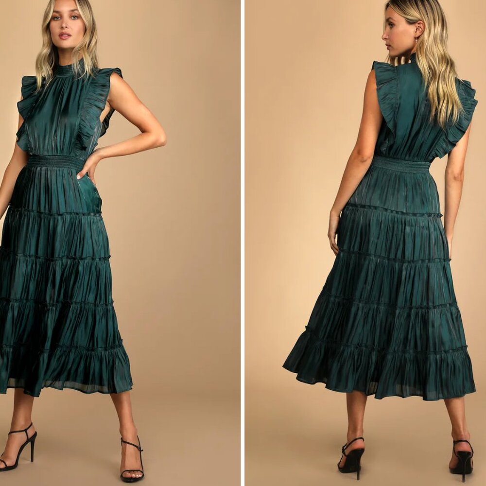 Lulus Take A Glance Emerald Green Tiered Mock Neck Midi Dress - Size S